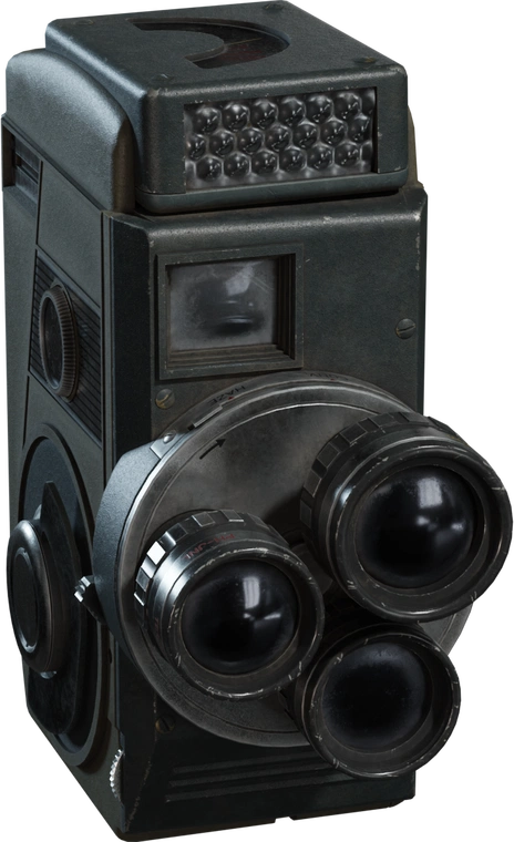 Free 8K model of a vintage World War II era film/video camera with worn metal and triple-lens turret.