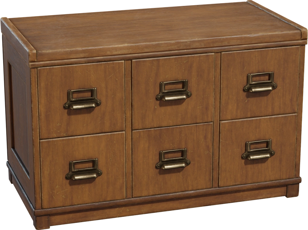 Free 8K model of a vintage wooden six-drawer filing cabinet with worn patina and brass label handles - ideal for period office, study, or furniture scenes.