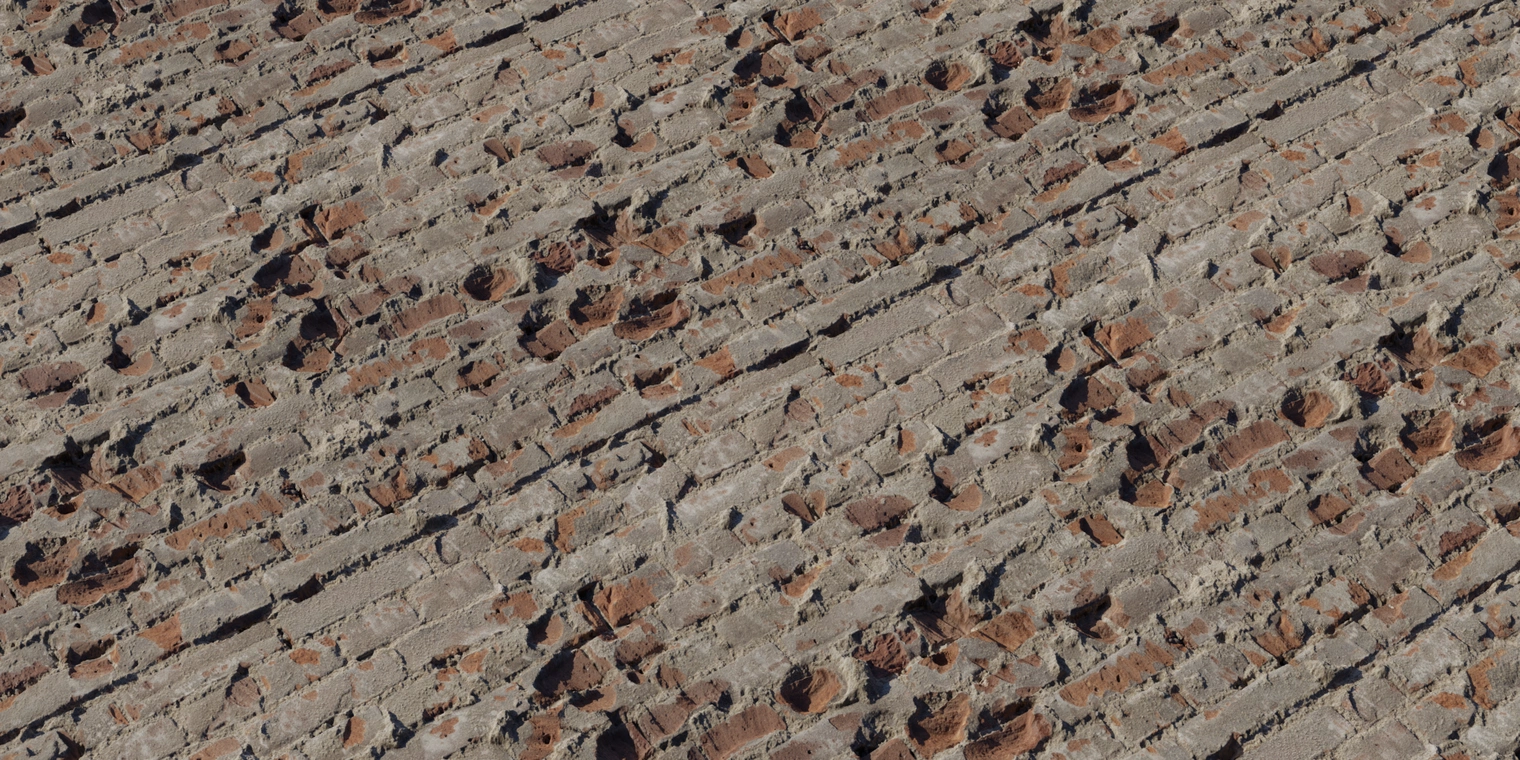 Free 8K texture showing weathered plaster partially revealing red brick underneath, with rough, chipped, uneven surface and gritty, dirty mortar.