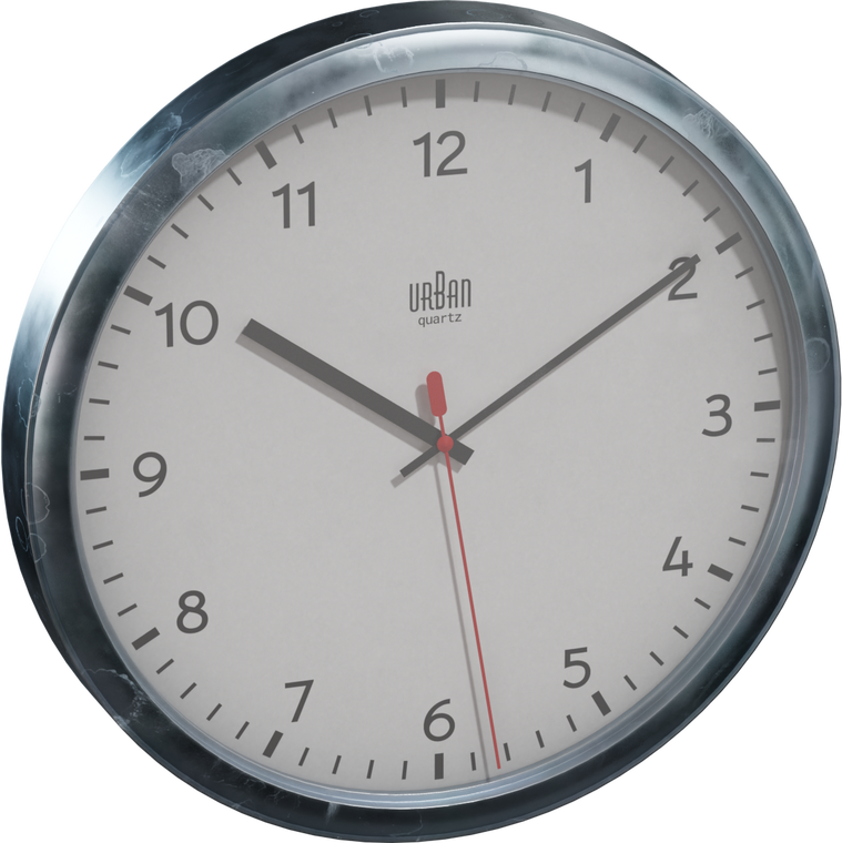 Free 4K model of a modern wall clock with a worn metal bezel, clear glass, bold numerals, gray hour/minute hands, and a slim red second hand on a clean dial.