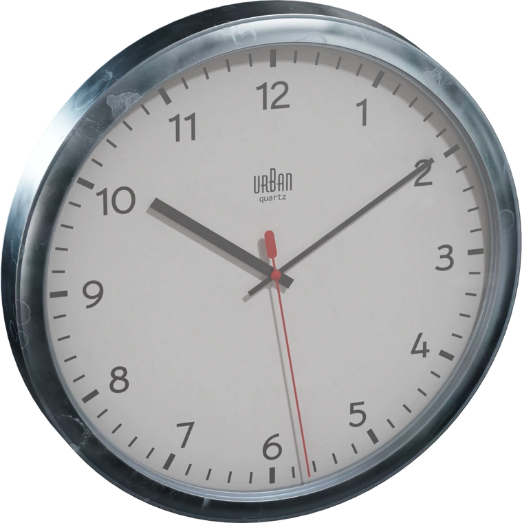 Free 4K model of a modern wall clock with a worn metal bezel, clear glass, bold numerals, gray hour/minute hands, and a slim red second hand on a clean dial.