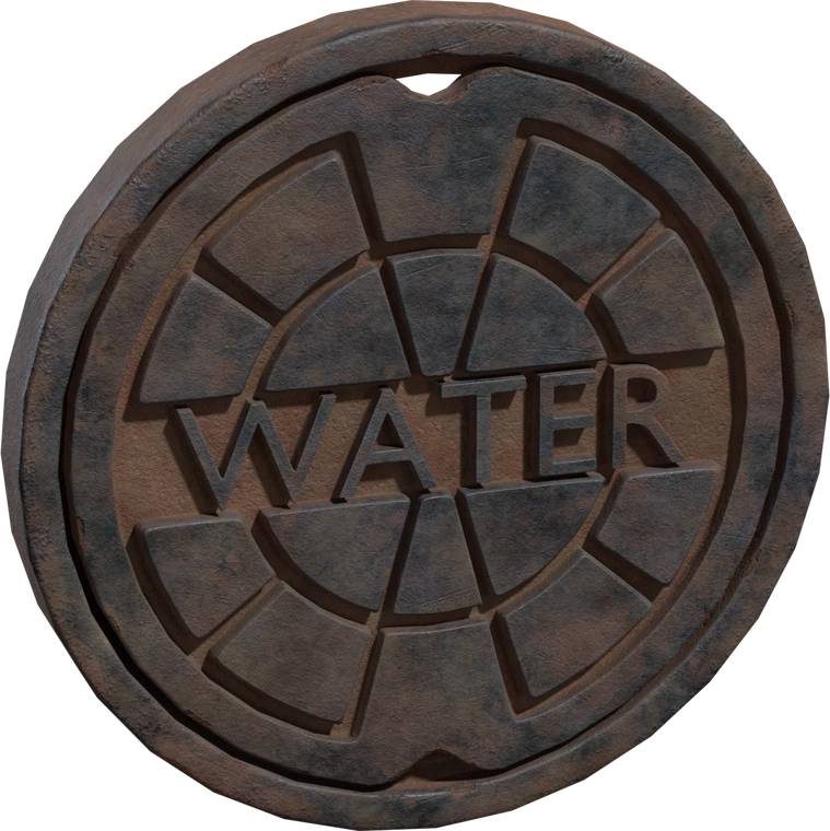 Free 4K model of a weathered cast-iron round manhole cover, embossed "WATER" with radial segmented pattern and a worn, rusted patina.