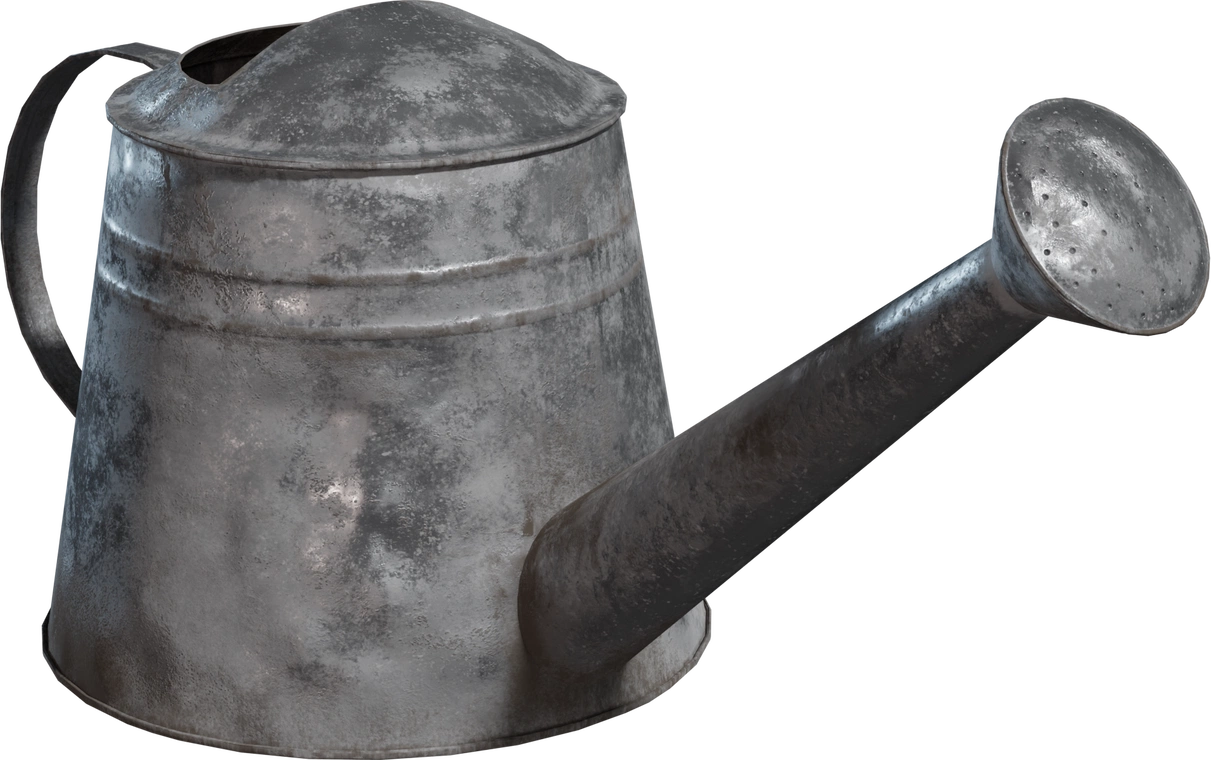 Free 8K metal watering can with a weathered, scratched patina, subtle dents, embossed bands and a long perforated spout - rustic shed/farmhouse character.