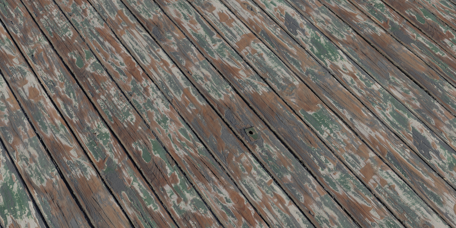 Free 8K wood texture of worn planks: rough, split grain with deep seams, peeling green and white paint exposing aged brown timber and chalky wear, nail holes.