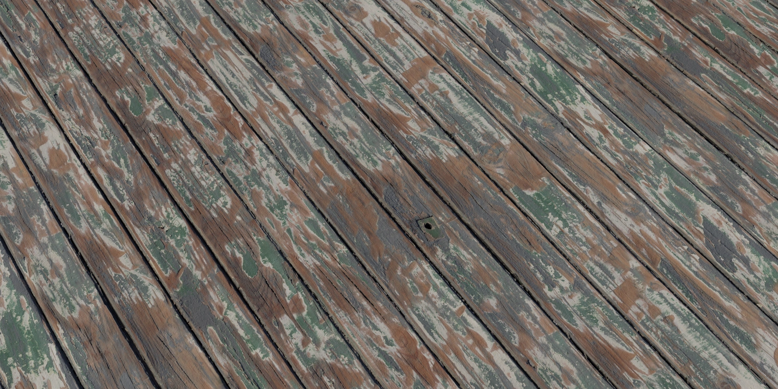 Free 8K wood texture of worn planks: rough, split grain with deep seams, peeling green and white paint exposing aged brown timber and chalky wear, nail holes.