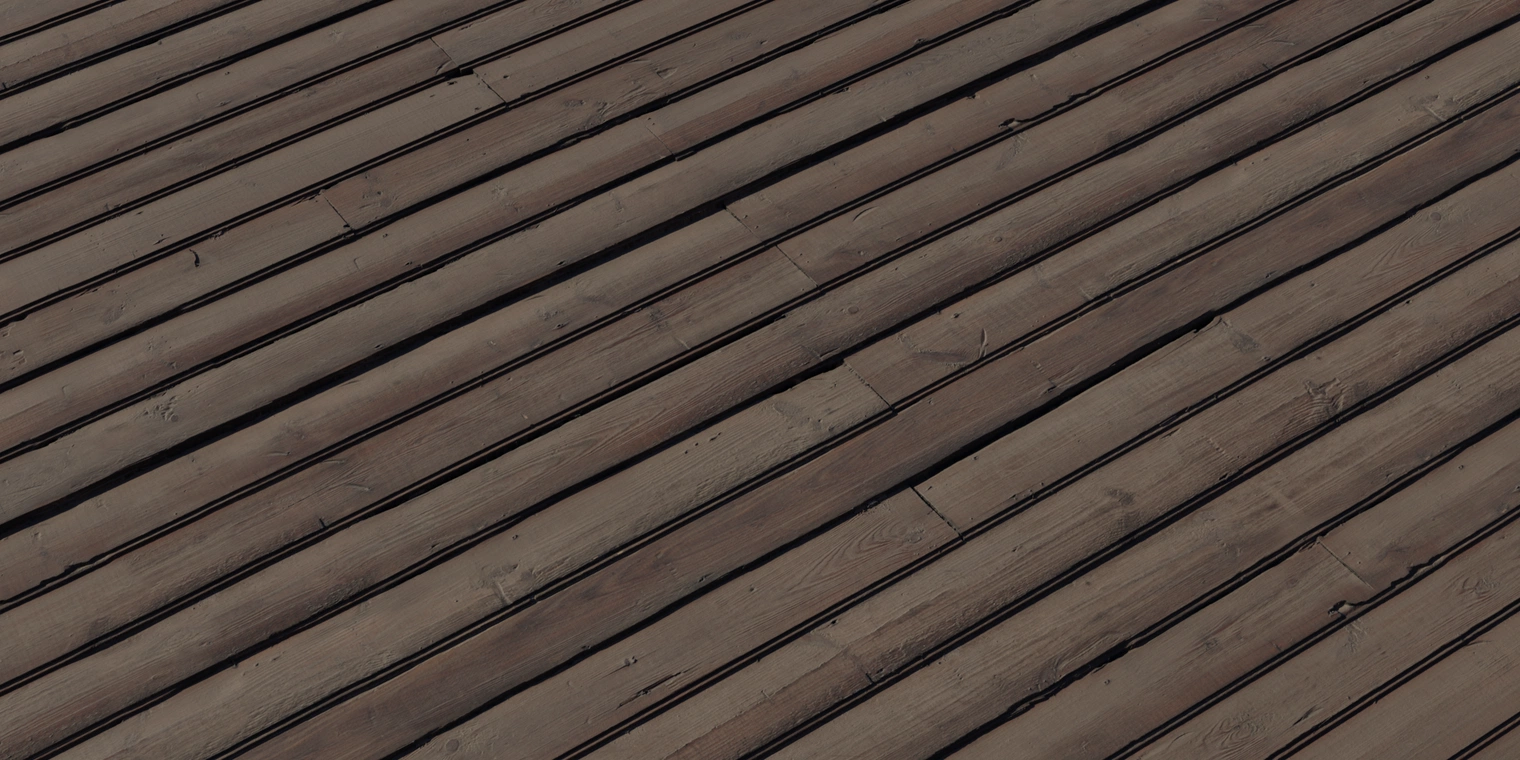 Free 8K weathered plank siding texture: dark brown wood with layered boards, worn edges, nail marks, subtle grain and roughness, slight sheen and seams.