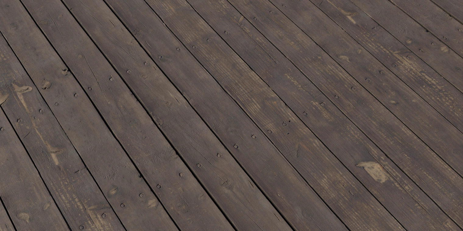 Free 8K texture of weathered wooden planks. Dark brown, cracked and chipped boards with nail holes, stains, worn grain and a rough, matte surface.