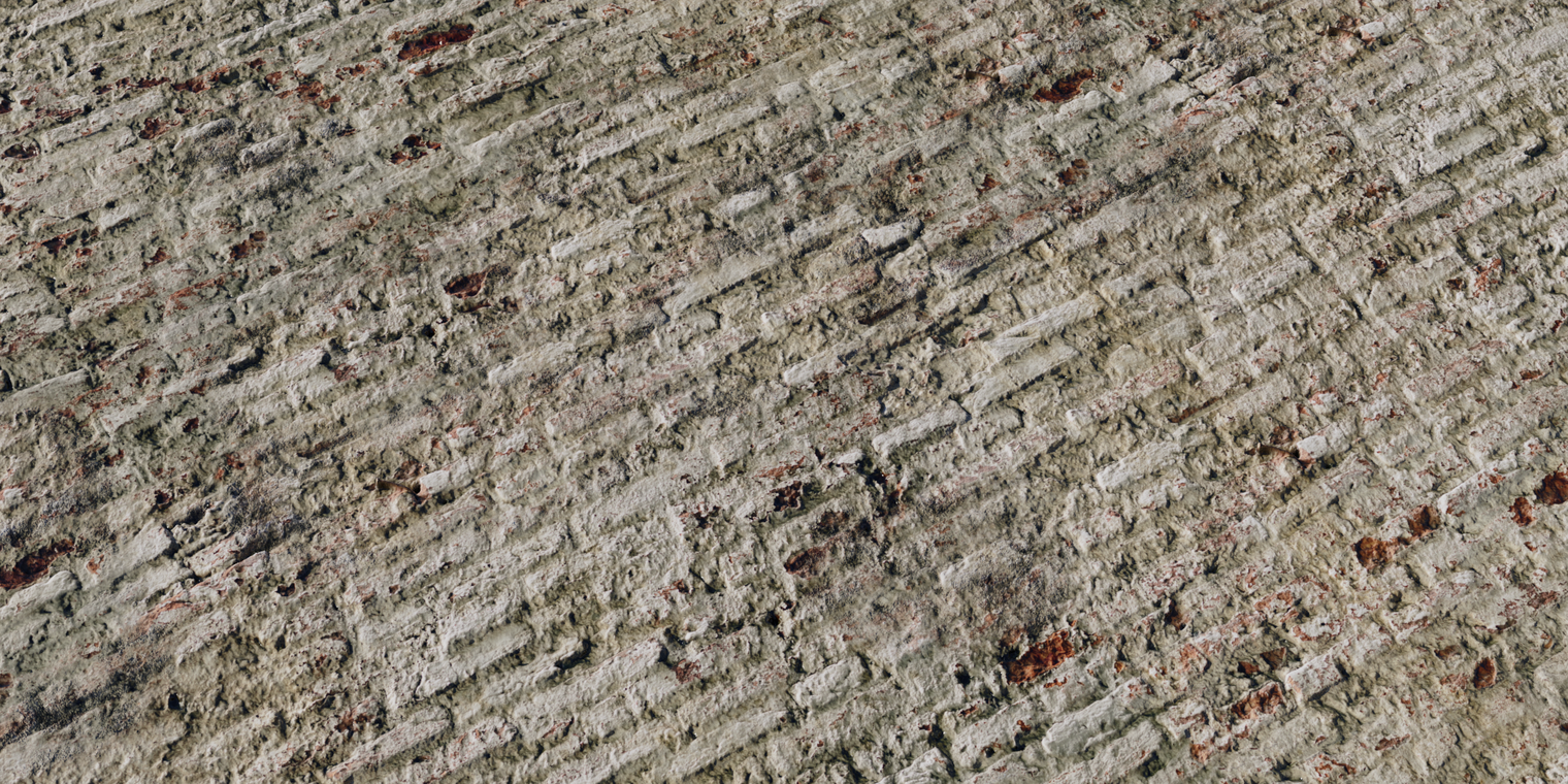Free 8K texture: weathered white brick with rough, uneven surface, peeling paint, exposed red brick patches, worn edges and gritty dirty mortar.