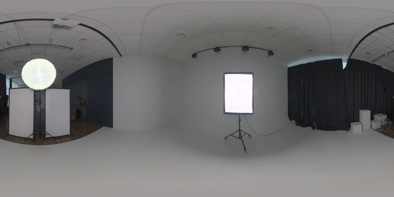 Free, unclipped 20K HDRI - white home studio with softbox/umbrella lamps; soft neutral fills and crisp directional highlights, ideal product/portrait renders