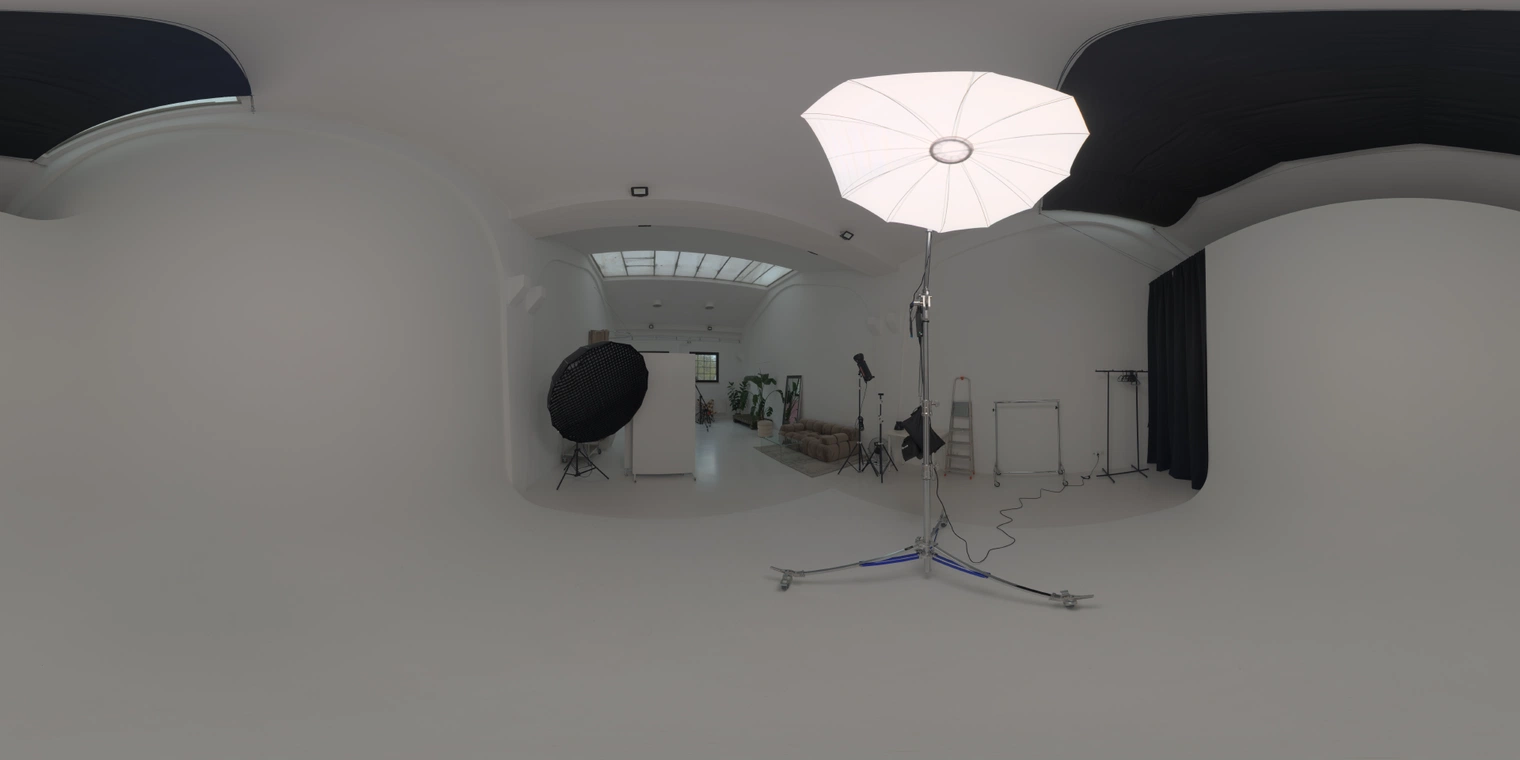 Unclipped - Free 20K HDRI of a white studio with umbrella and high ceiling; soft, neutral light, medium contrast - ideal for product, portrait and lookdev.