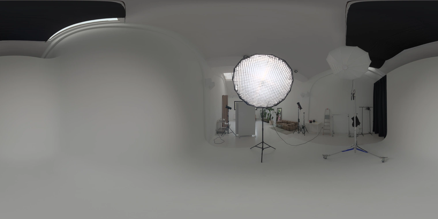 Free 20K unclipped HDRI - white studio with umbrella lamps and high ceiling. Soft, medium-contrast light for product and portrait renders.