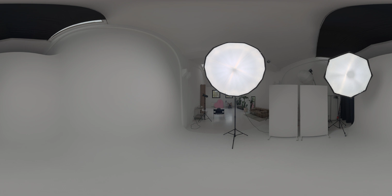 Free 20K unclipped HDRI: soft white studio with umbrella softboxes, high ceilings and low-contrast artificial light, perfect for product shots and portraits.