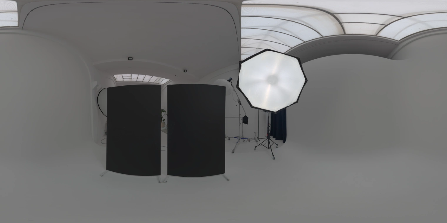 Free, unclipped 20K HDRI: soft, low-contrast white studio with umbrella lamp and high ceiling; ideal for product, portrait, and clean catalog renders.