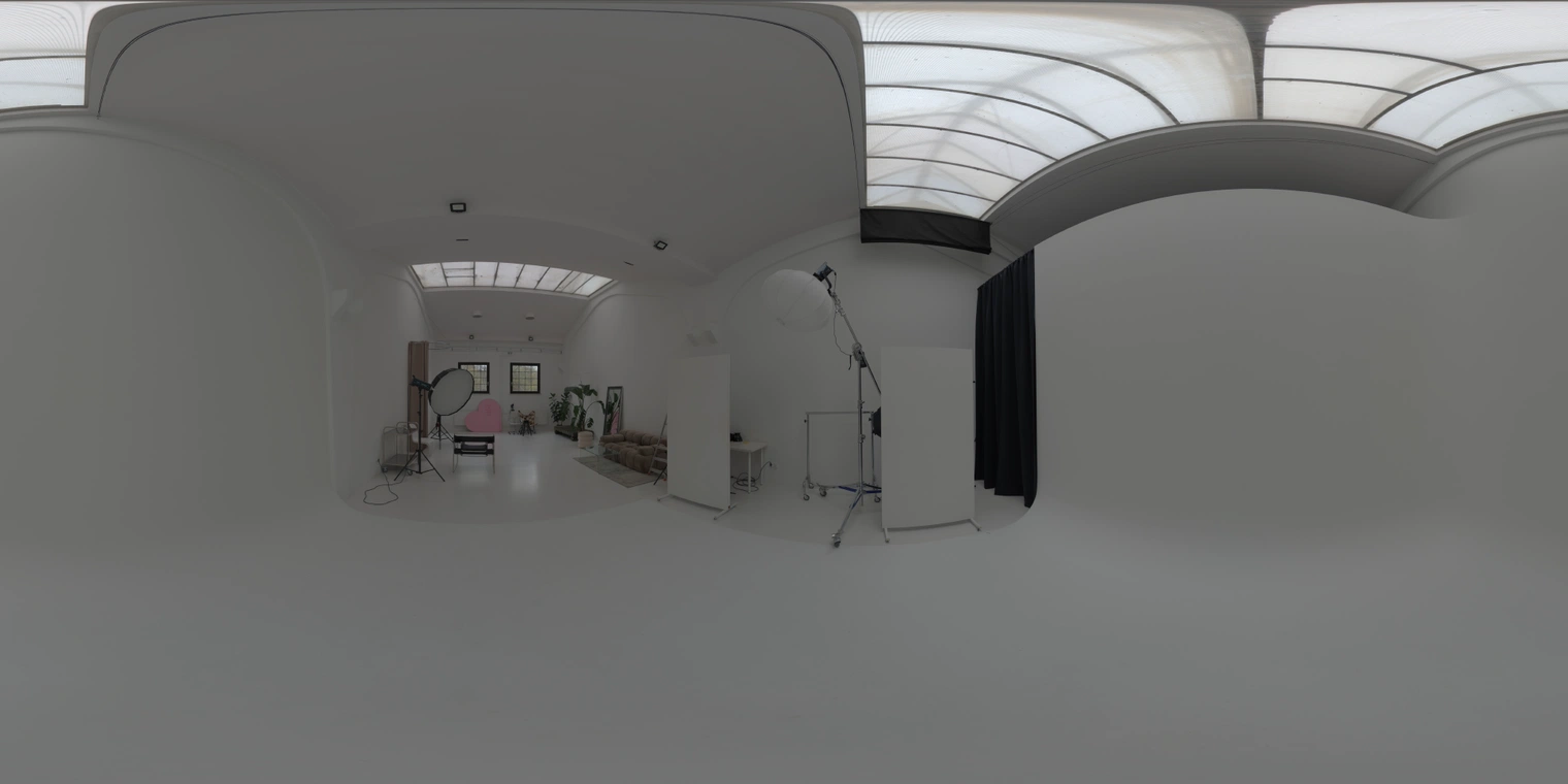 Free, unclipped 20K HDRI - bright white studio with high skylight and soft, low-contrast natural light. Great for product shots, portraits and neutral indoor renders.