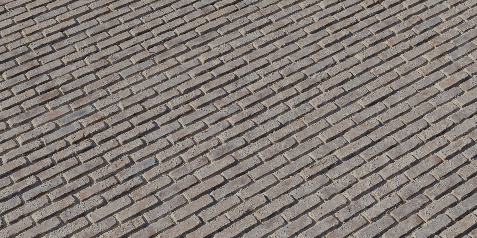 Free 16k texture of whitewashed, weathered brick with chipped paint, rough aged surfaces, subtle red-brown brick showing through and gritty mortar detail.
