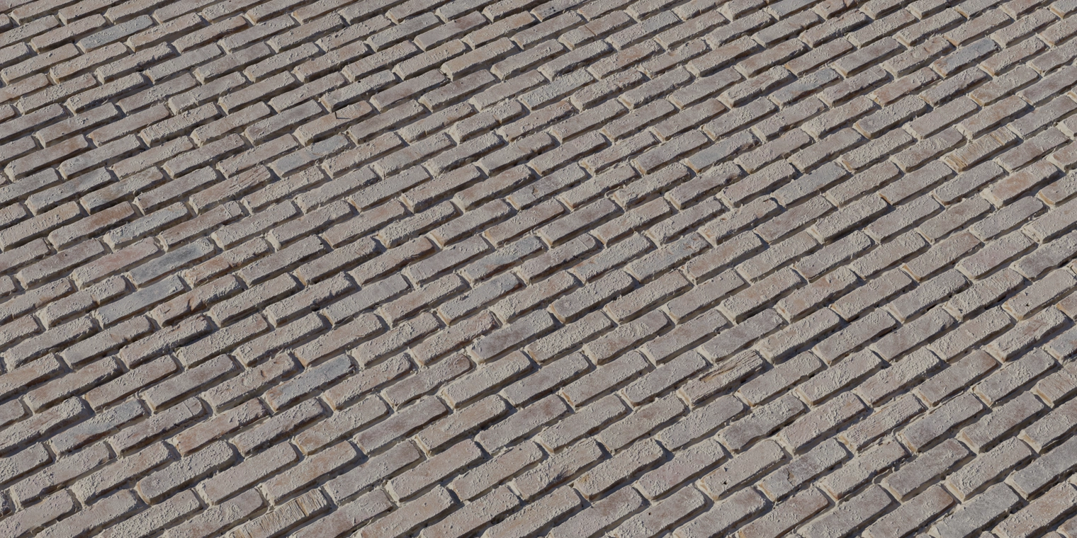 Free 16k texture of whitewashed, weathered brick with chipped paint, rough aged surfaces, subtle red-brown brick showing through and gritty mortar detail.