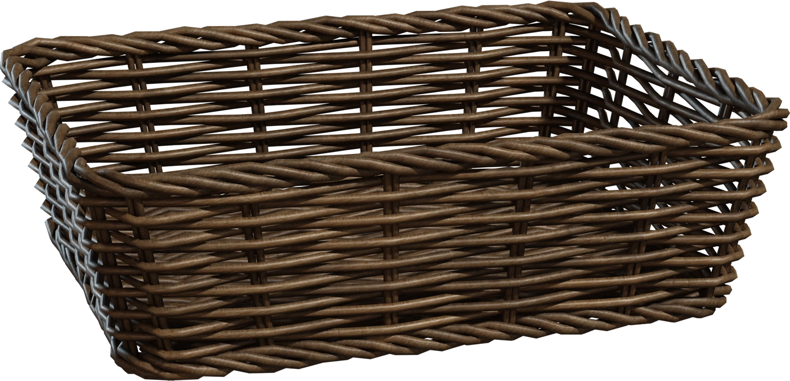 Free 8K wicker basket model with hand-woven twine, dark weathered wood tones, tight rectangular weave, braided rim and realistic grain with subtle wear.