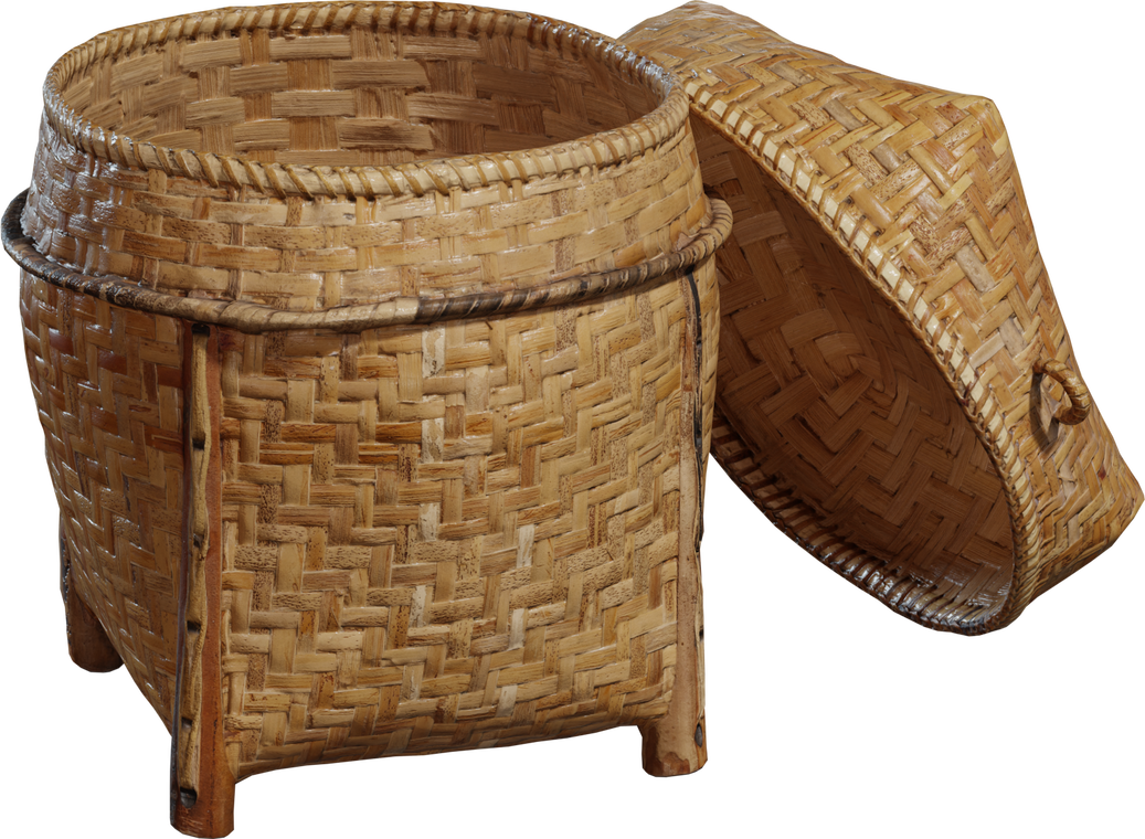 Free 8K model of a handwoven wicker basket with lid - rustic rattan weave, twine-bound rim and short wooden legs.