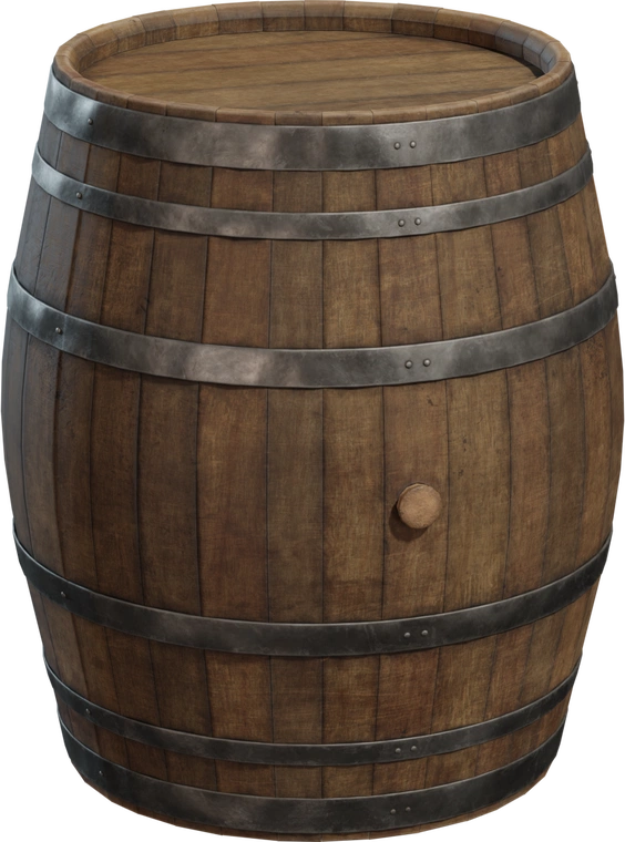 Free 8K wine barrel model with worn oak staves, weathered metal hoops and bung hole - high-detail farmhouse/cellar prop perfect for rustic farm scenes.