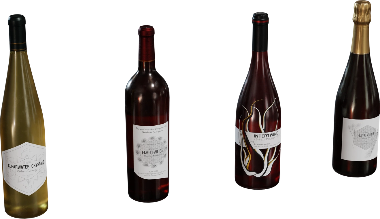 Free 8K model of four wine and champagne bottles with realistic glass, varied labels, foil/wax tops and subtle wear, evoking a rustic vineyard farmhouse character.