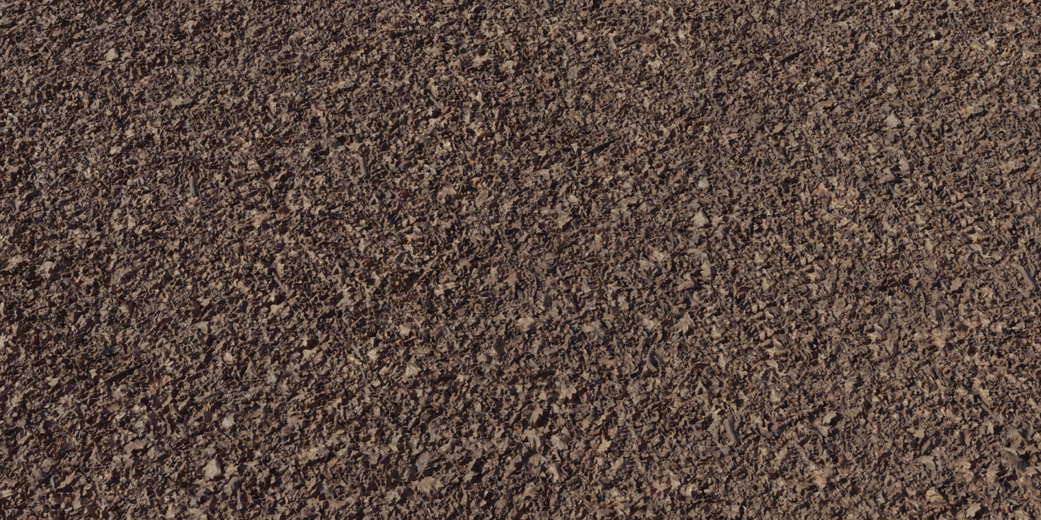 Free 8K texture of winter leaf litter - dry brown leaves, twigs and dead grass with layered, rough, low-sheen surface and fine organic bump detail.