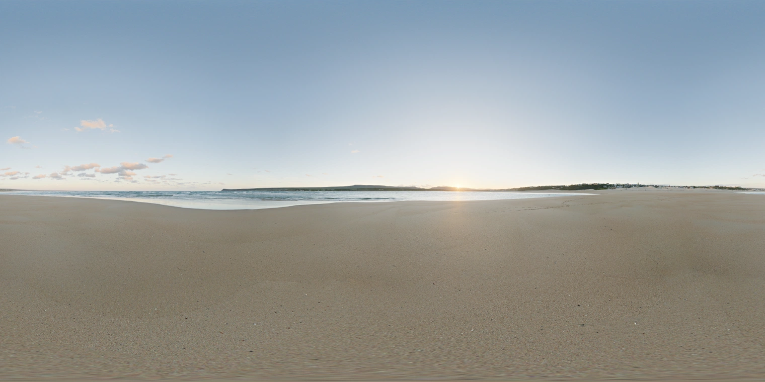 Unclipped, free 24K HDRI of a flat beach at sunrise: clear blue sky with few clouds, warm low sun, soft shadows, crisp horizon, subtle wet-sand sheen.