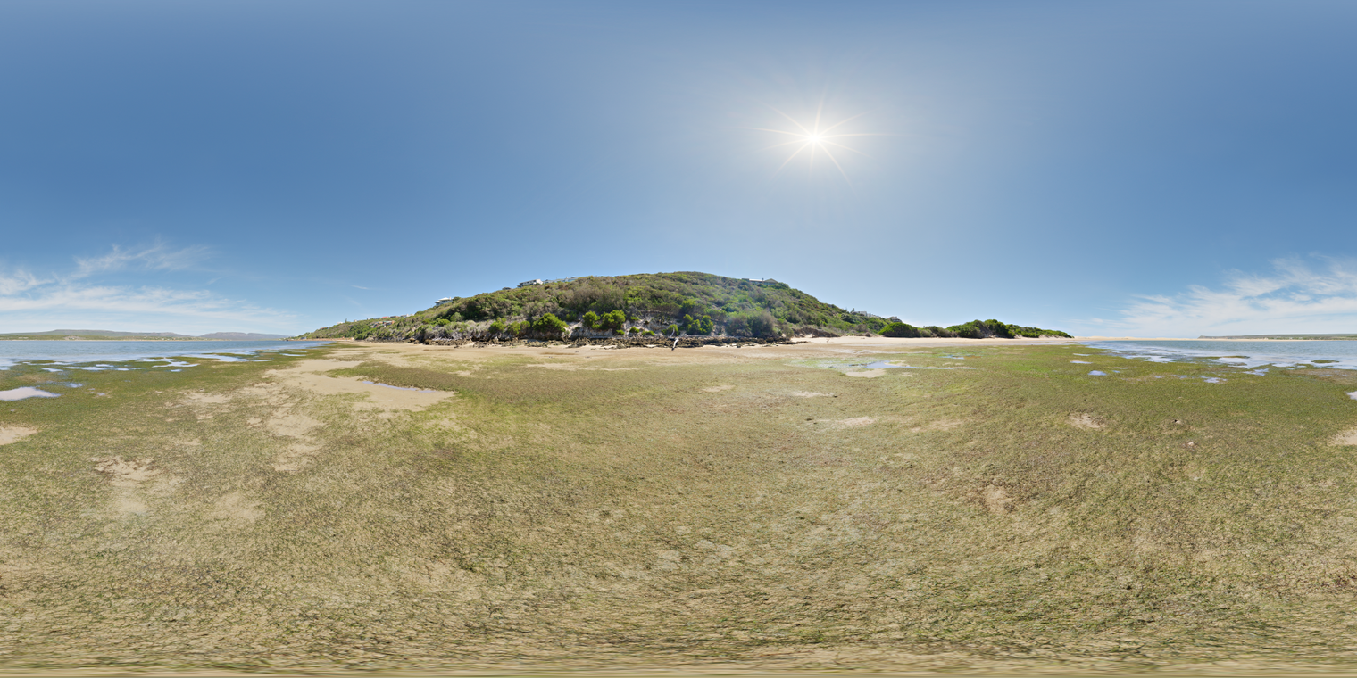 Unclipped, free 24K HDRI: bright noon sun over a mossy tidal beach, clear blue sky with wisps, sharp shadows, and crisp reflections on wet sand and pools.