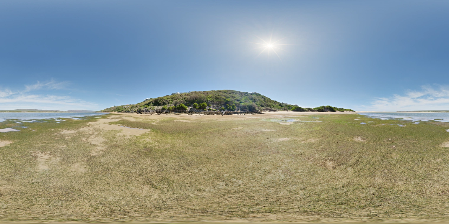 Unclipped, free 24K HDRI: bright noon sun over a mossy tidal beach, clear blue sky with wisps, sharp shadows, and crisp reflections on wet sand and pools.