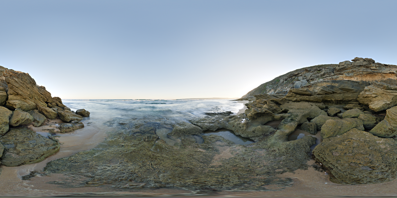 Unclipped, free 24K HDRI of rocky tidepools. Clear sky with low sun on the horizon; cool ambient, warm rim light, glossy water, soft shadows.