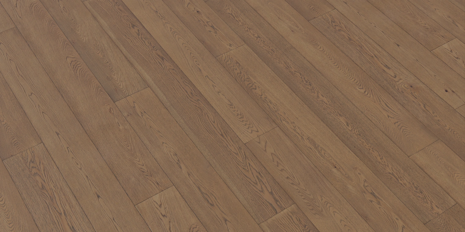 Free 8K material: warm medium-brown wood floor texture with narrow planks, visible oak grain, subtle seams and a smooth satin finish.