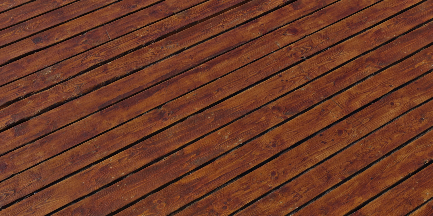 Free 8K texture of varnished brown wooden deck planks, showing worn, scratched, chipped and stained surfaces with visible grain and seams.