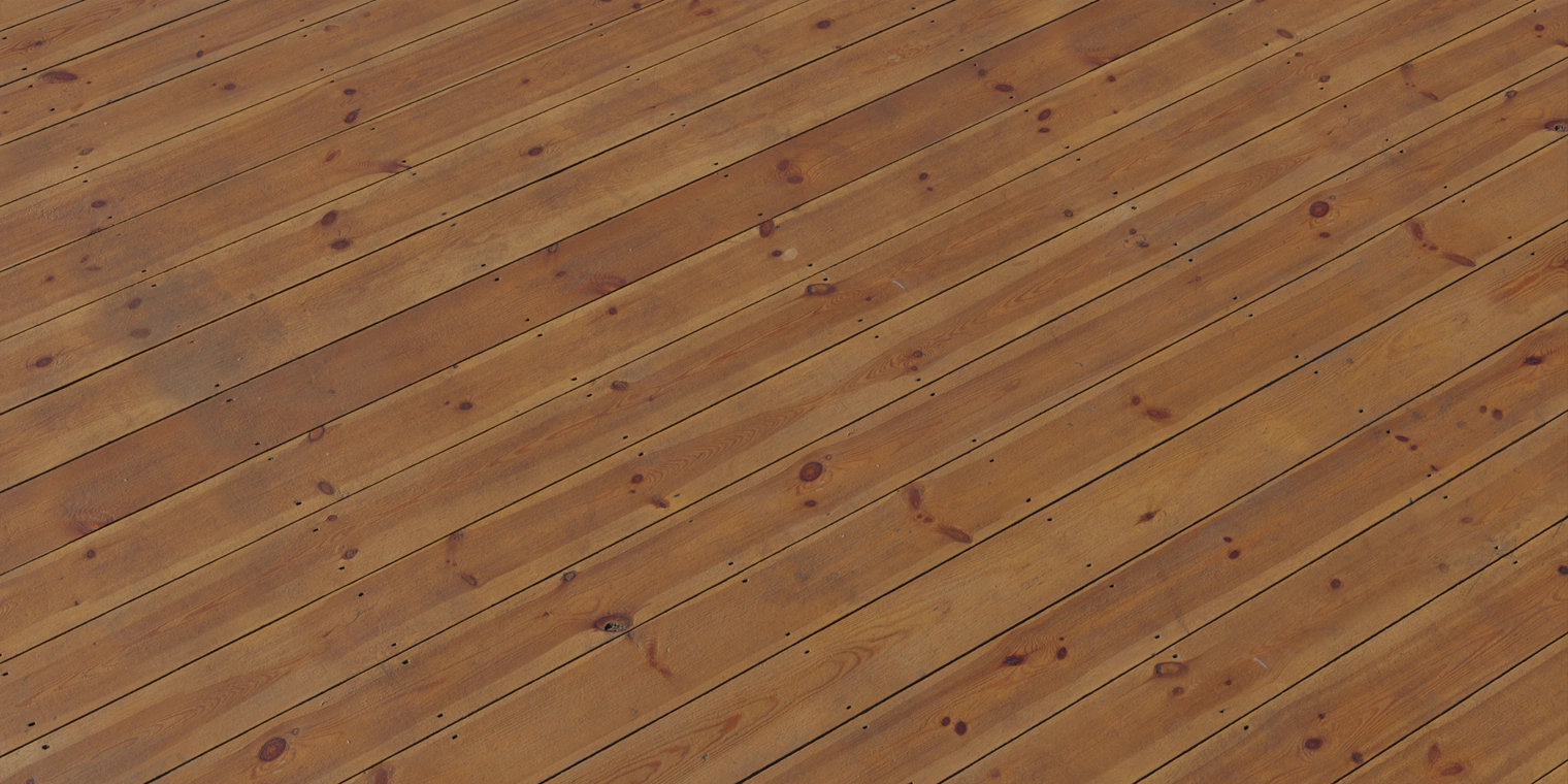 Free 8K texture of worn pine floor planks - aged, weathered surface with knots, nail holes, discoloration, scratches and a subtle varnish sheen.