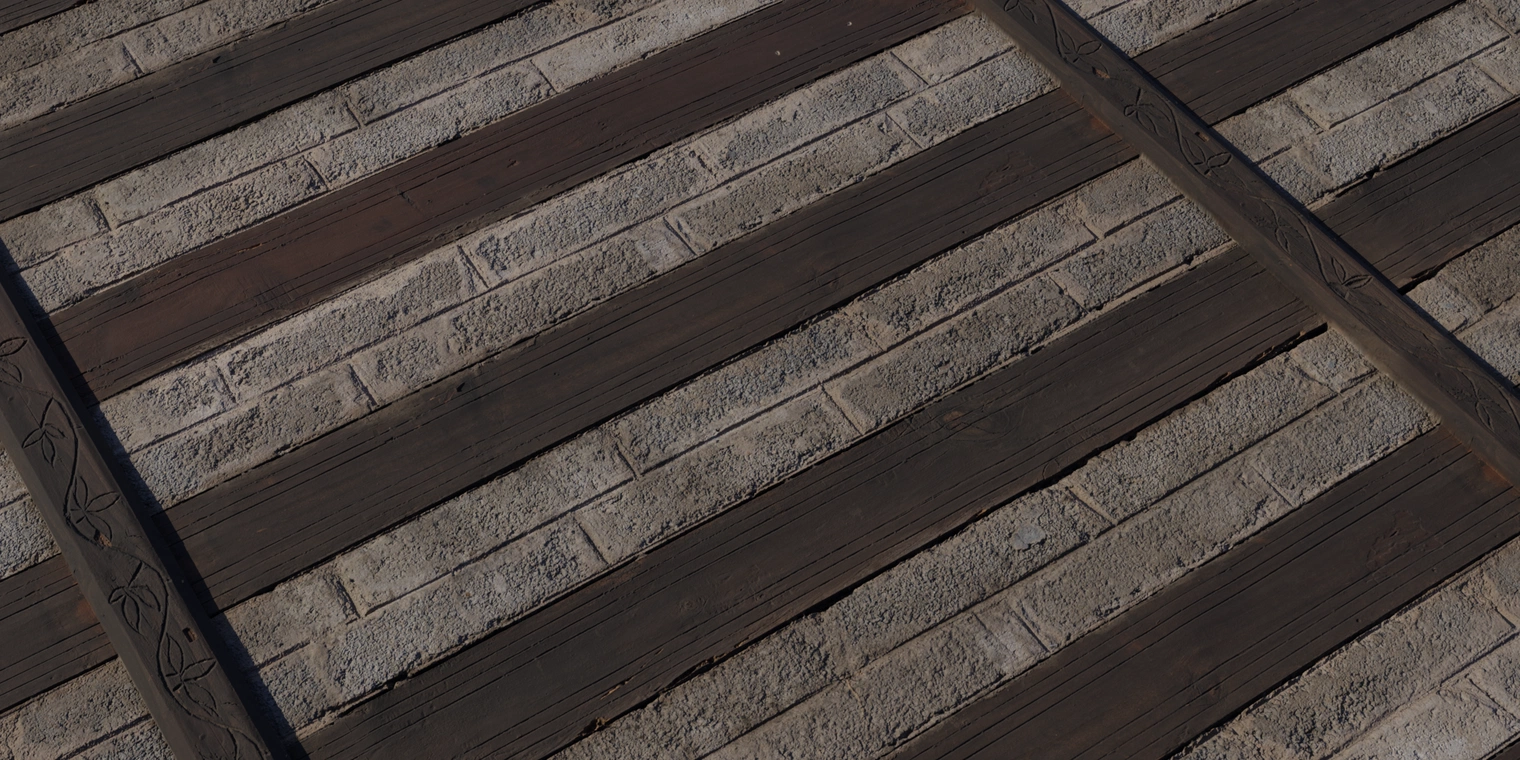 Free 16K texture: rough concrete wall with dark inlaid aged-wood strips in a decorative brick pattern - rustic, tactile material for interiors, games, archviz.