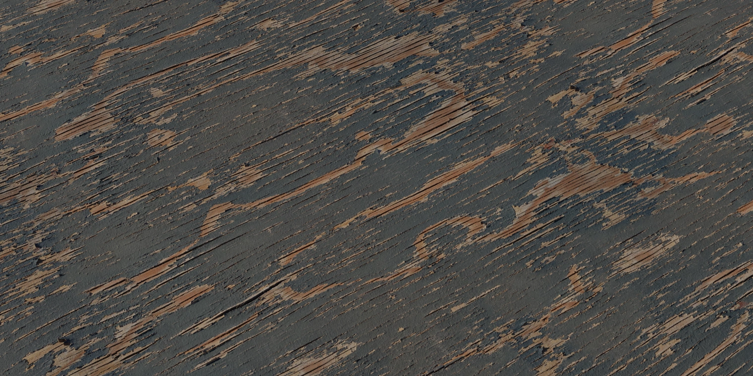 Free 8K texture of weathered painted wood: rough, cracked planks with chipped, flaking dark paint exposing warm, stained wood grain.