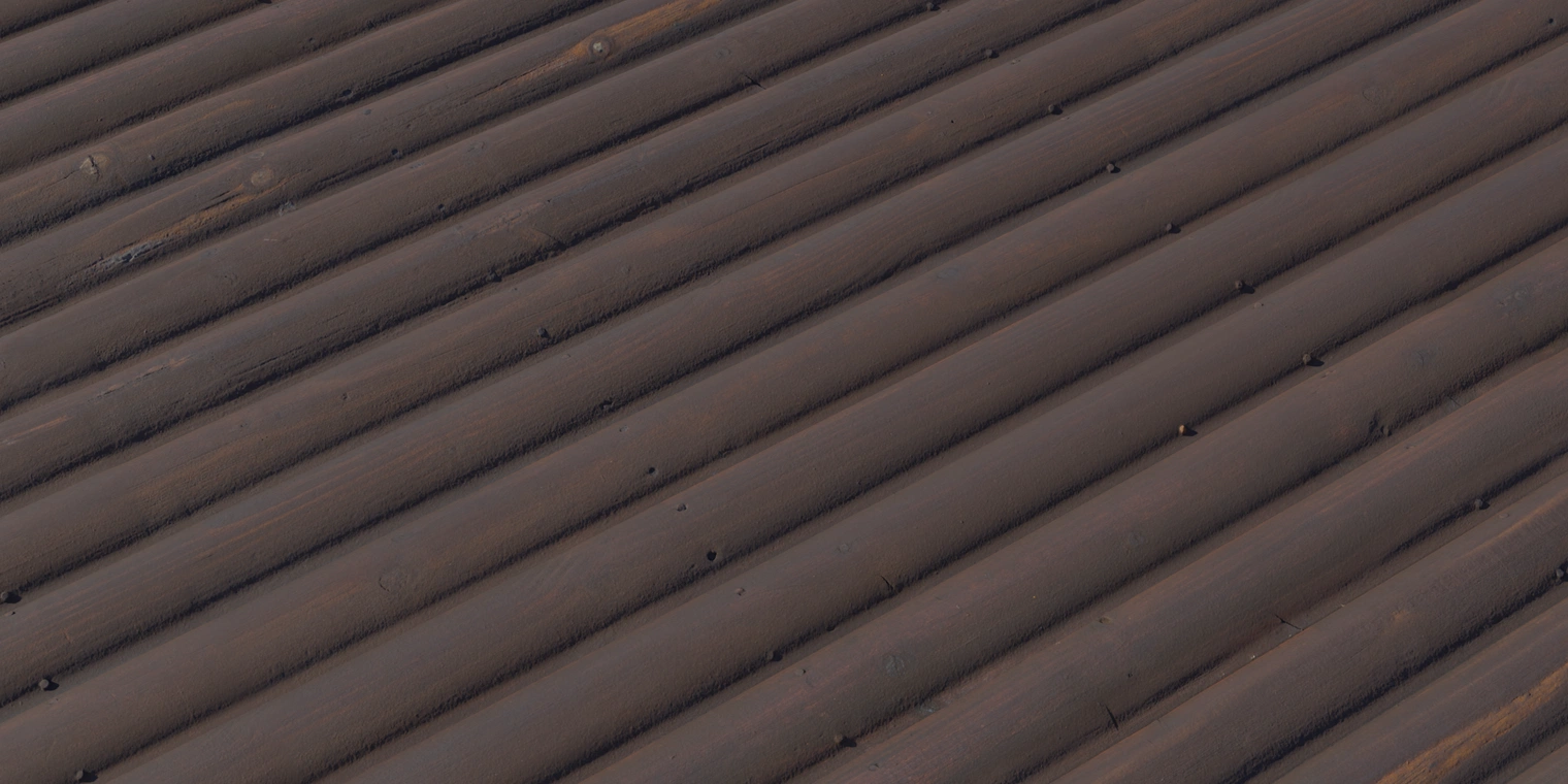 Free 8K texture: dark varnished wood planks with subtle grain, worn edges, small nail holes and dust buildup; low-gloss, slightly weathered cabin wall finish.
