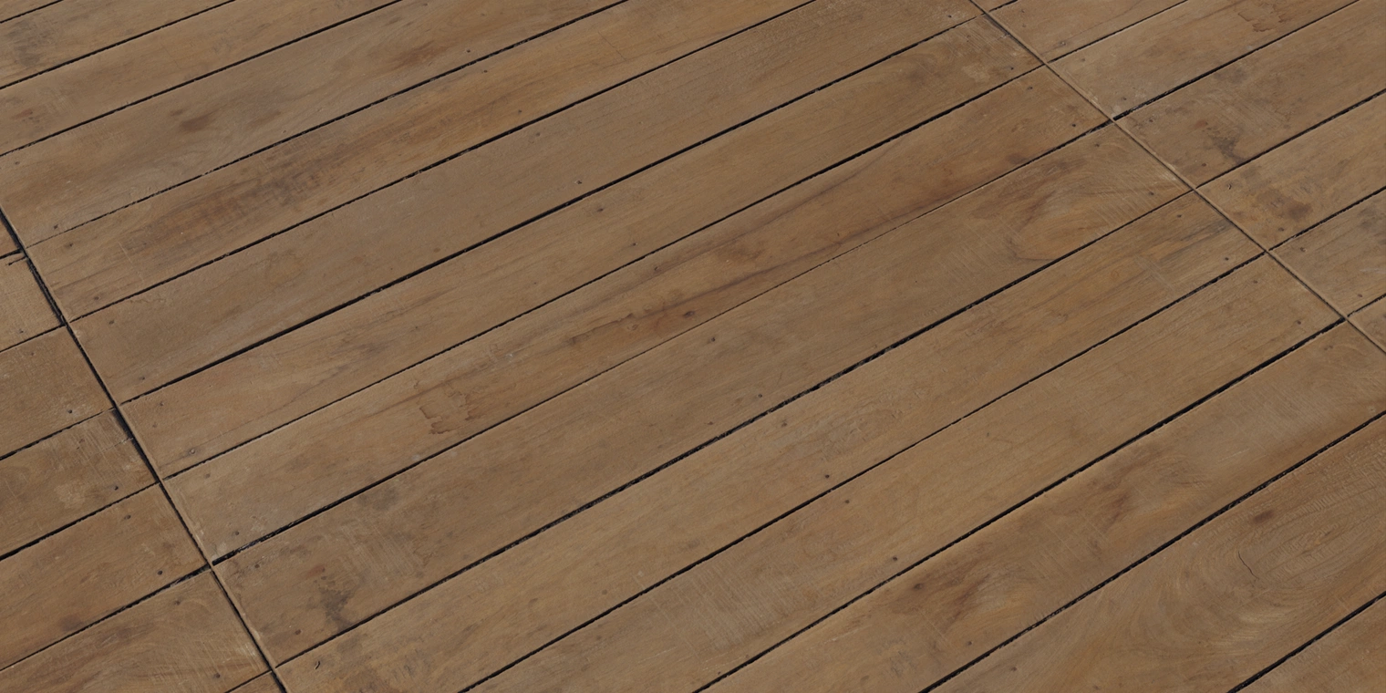 Free 8K wood texture of weathered, aged planks with warm brown tones, visible grain, scratches, gaps and a worn, slightly discolored timber surface.
