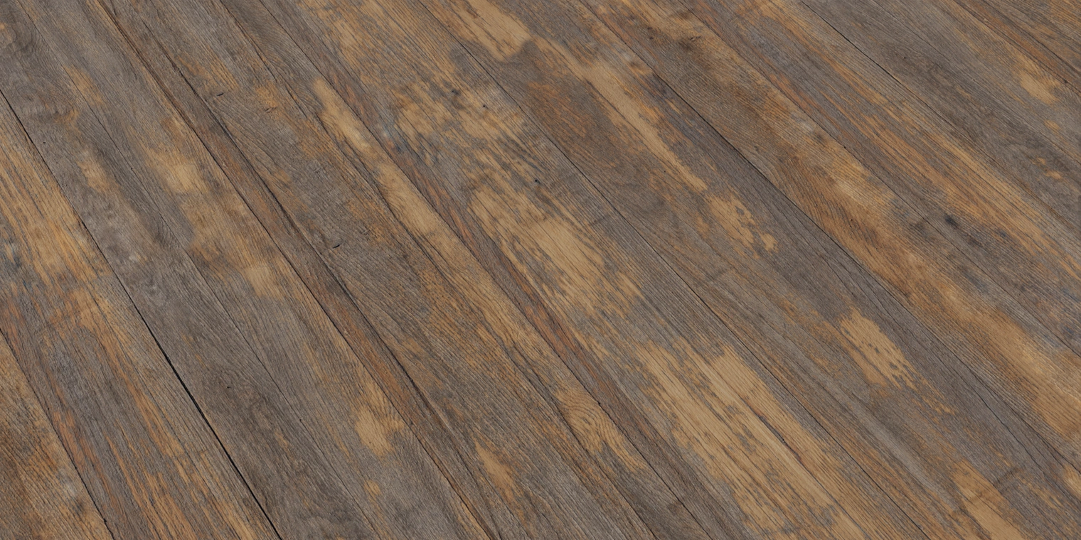 Free 8K wood planks texture: even, weathered boards with worn paint patches, dirt streaks, visible grain and subtle surface roughness.