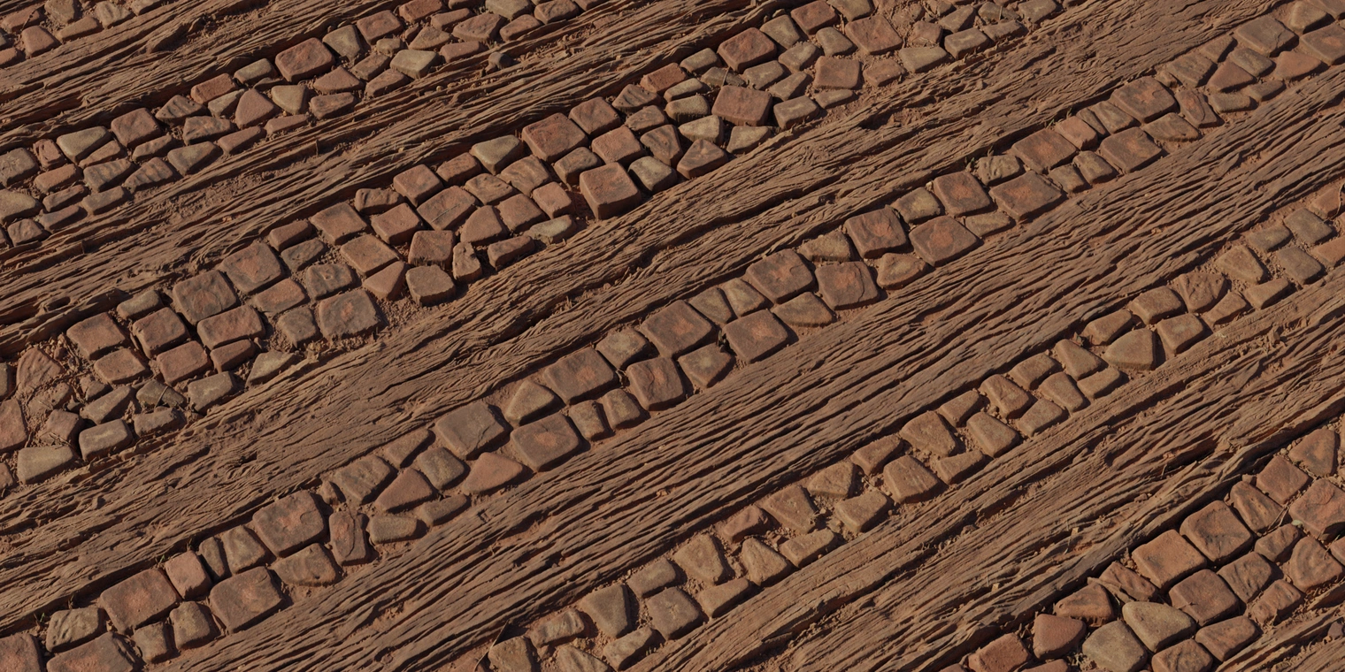 Free 8K texture of a weatherbeaten wood-and-stone pathway: worn timber planks and dusty, sandy cobbles with rough, dry surfaces and dirt-filled seams.