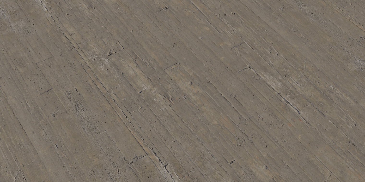 Free 8k texture of wood-textured concrete: coarse, stamped vertical wood grain in brown-gray tones, rough plastered surface with weathering, chips and visible seams.