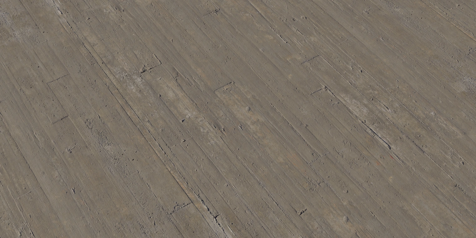 Free 8k texture of wood-textured concrete: coarse, stamped vertical wood grain in brown-gray tones, rough plastered surface with weathering, chips and visible seams.