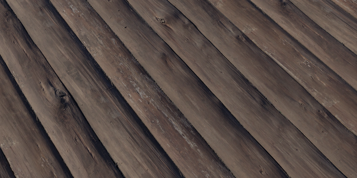 Free 8K texture of weathered log-wall timber: dark brown tree trunks with deep grain, knots, cracks, seam lines and subtle worn sheen.