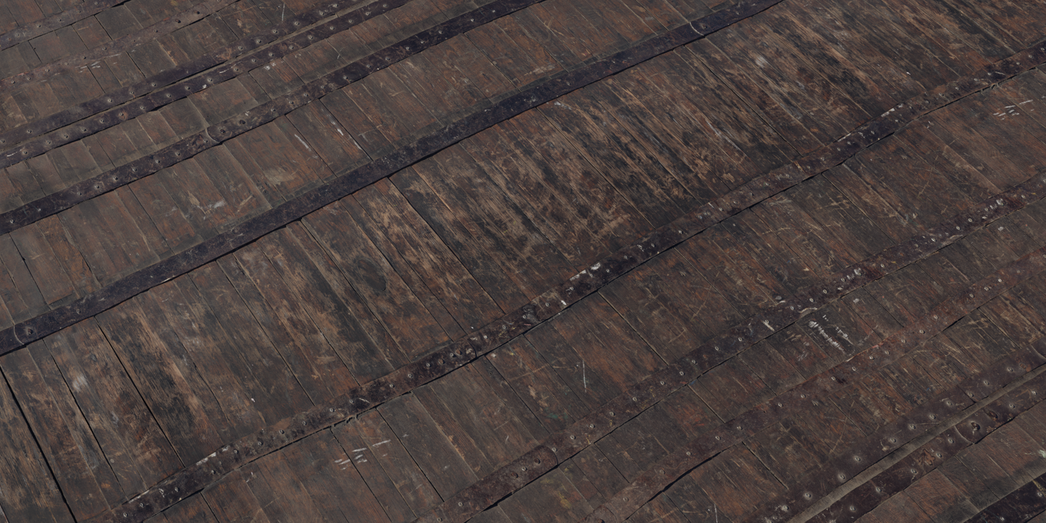 Free 8K texture of a weathered wooden barrel: dark stained planks with deep grain, scuffs and scratches, rusty metal hoops, subtle dents and roughness.