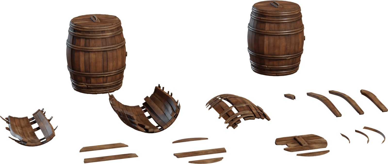 Free 8K model of weathered wooden barrels and loose staves - antique colonial/maritime props for smugglers' cove, farmhouse, or cellar scenes.