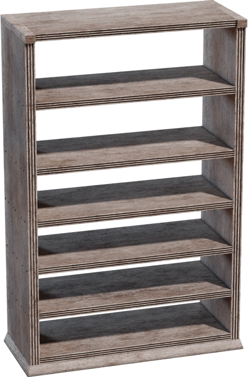 Free 4K model of a worn wooden bookshelf with multiple shelves, distressed weathered grain, layered plywood edges, visible nail holes and rustic vintage finish.
