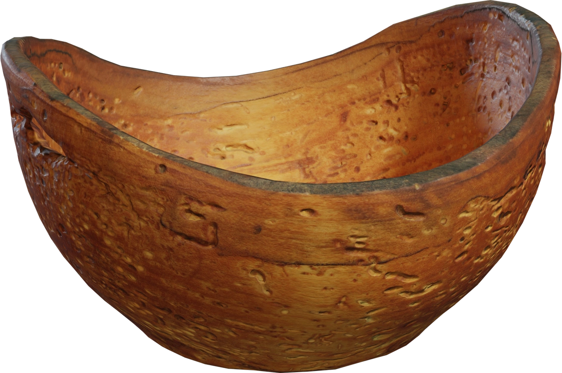 Free 8K 3D model of a wooden bowl with warm honey-brown patina, irregular carved rim, rich burl grain and worn antique surface with rustic, ornate character.