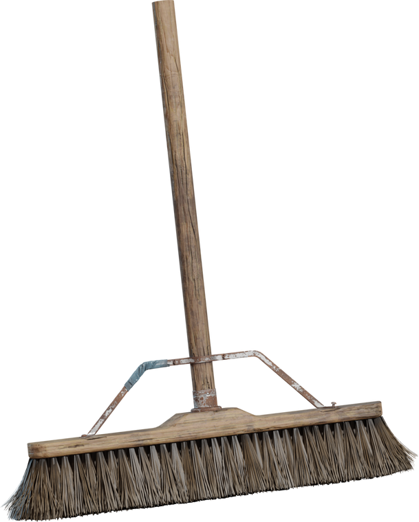 Free 4K model of a weathered wooden broom with stiff straw bristles, rusted metal supports, cracked wood grain, and authentic wear.