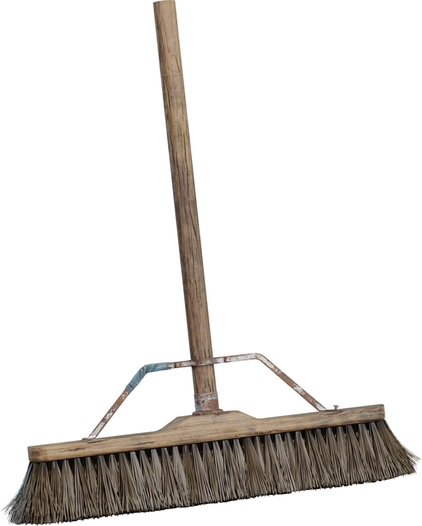 Free 4K model of a weathered wooden broom with stiff straw bristles, rusted metal supports, cracked wood grain, and authentic wear.