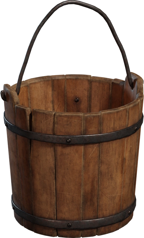 Free 8K model of a worn wooden bucket with metal bands and an iron handle - rustic, weathered prop container. Vintage farmhouse/colonial maritime prop from the Smugglers Cove collection.