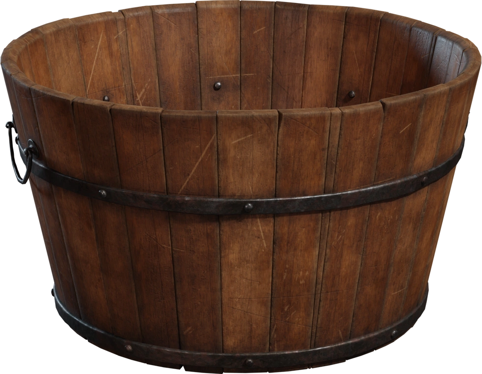 Free 8K model of a worn antique wooden bucket with metal bands and handles - vintage farmhouse/colonial maritime prop from the Smugglers Cove collection.