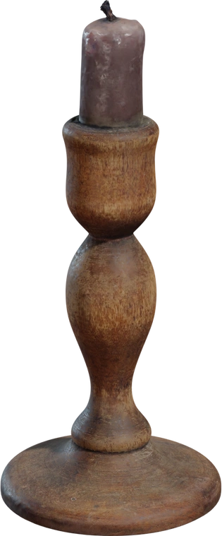 Free 4K model: a Victorian wooden candlestick with turned profile, warm worn patina, surface scuffs and a partially melted candle with a charred wick.